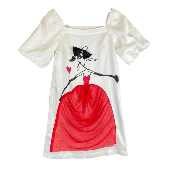 Boutique Brand Dresses & Skirts - Artistic Silk Blend Graphic Mini Dress White Red Puff Sleeve Square Neck Small
